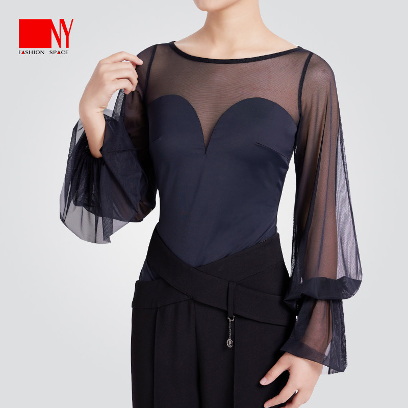 NY纳艺平领网纱冰丝上衣女士练习服国标舞交谊舞长袖练功服24204S