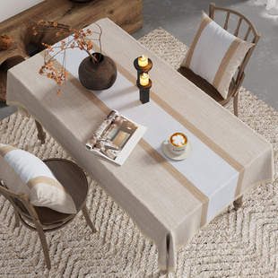 桌布布艺简约现代长方形餐桌布素雅自带桌旗棉麻网红家用茶几台布