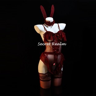性感睡衣兔女郎蕾丝镂空连体衣绑带制服睡裙纯欲qqny红色套装