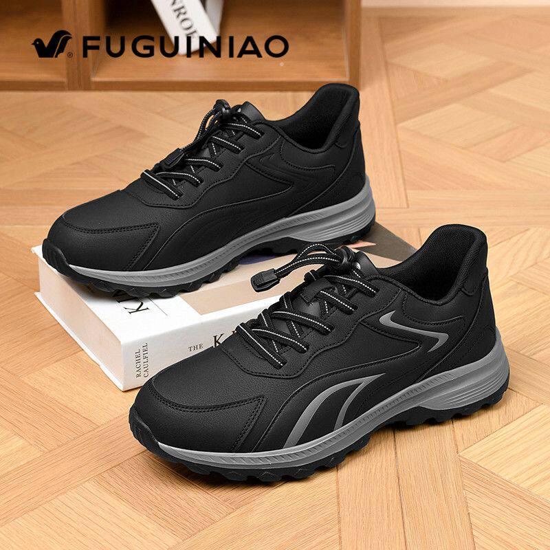 富贵鸟男鞋秋季跑步休闲中老年登山旅游鞋皮面黑色厚底健步运动鞋
