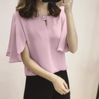 韩国chic 2025夏季新款百搭镂空宽松时尚娃娃衫喇叭袖套头衬衫女