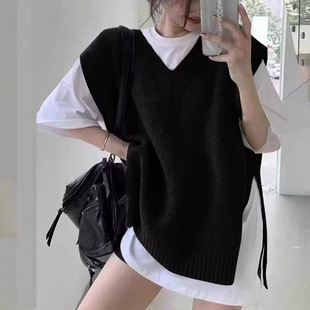 韩国ins宽松百搭复古v领慵懒小众两侧开叉毛衣马甲女