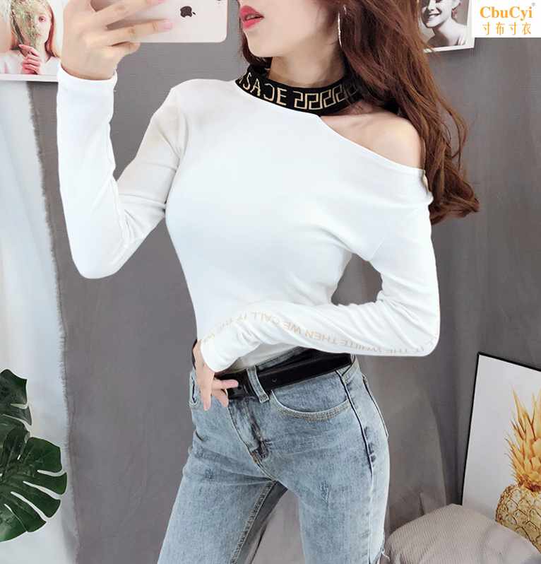2019新款秋季长袖t恤女式修身打底衫韩版性感露肩挂脖漏单肩|msdalam kategori Butik wanita / wanita, baju-T - dari Buy2taobao.com untuk memberikan perkhidmatan ejen Taobao profesional membeli
