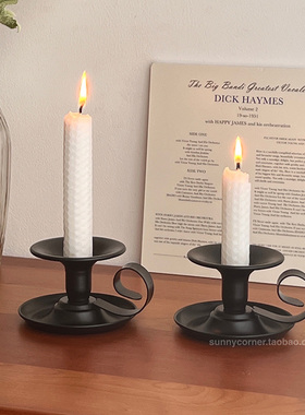 ins复古黑色铁艺手持烛台中古氛围感餐桌装饰摆件香薰蜡烛台座