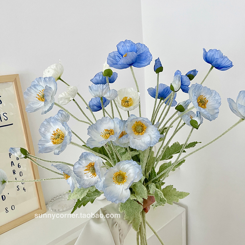 蓝色冰岛虞美人仿真花装饰花束