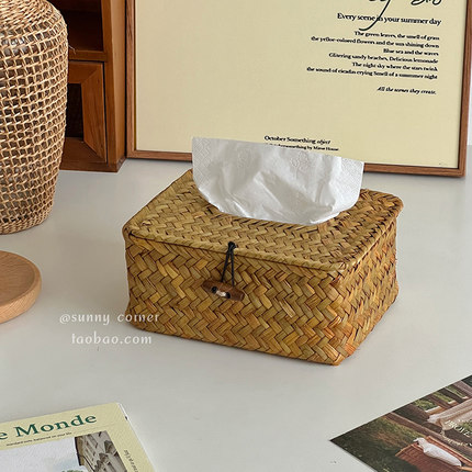 日式复古草编纸巾盒家用客厅茶几桌面简约抽纸盒餐桌餐巾纸收纳盒
