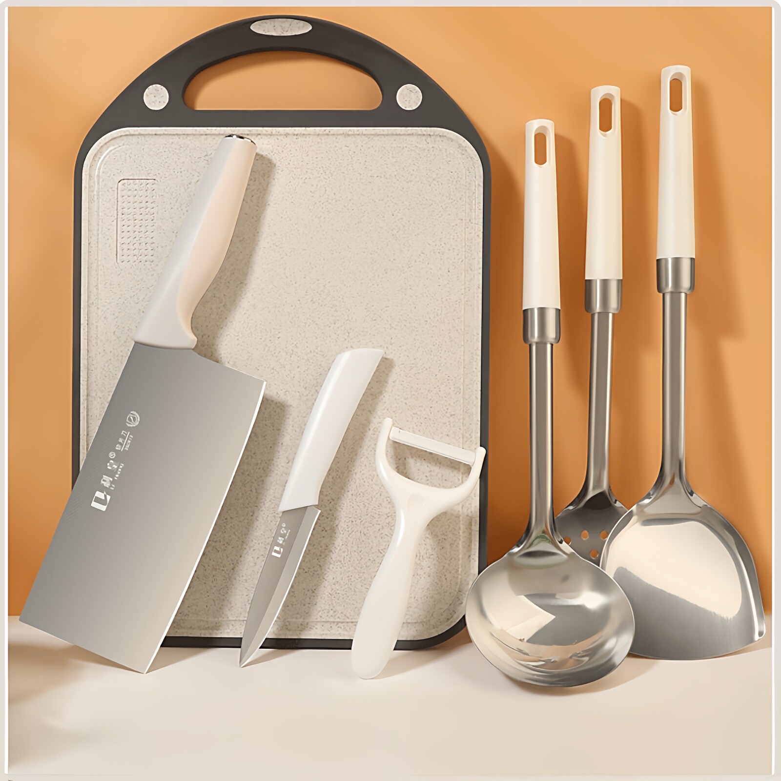 白色不锈钢刀具套装厨房菜刀女士家用切菜刀菜板二合一宝宝辅食刀