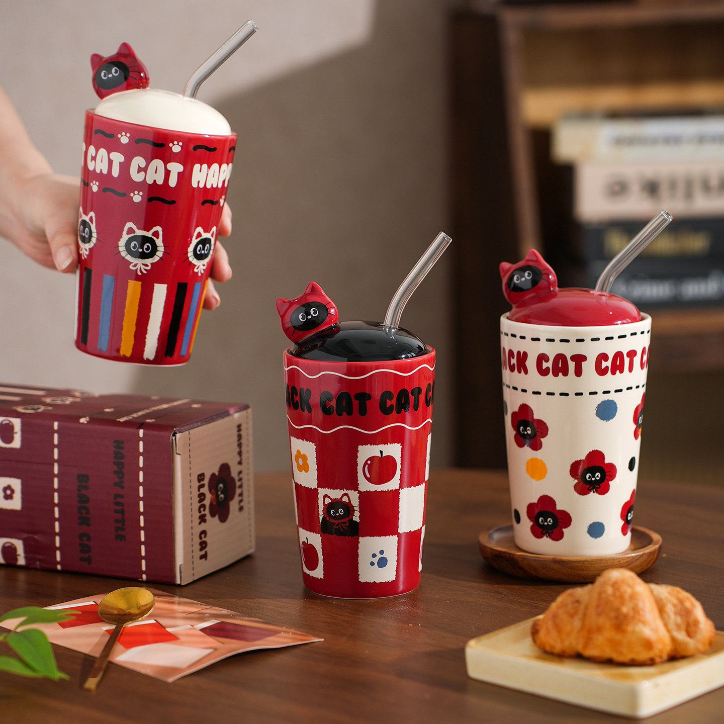 可爱小猫陶瓷水杯马克杯办公室吸管杯子送女生闺蜜生日礼物教师节