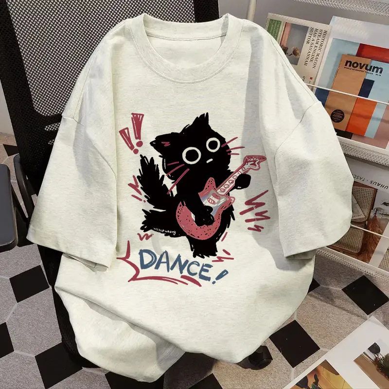 圆领白色短袖t恤女夏季新款卡通黑猫吉他印花宽松潮牌百搭上衣