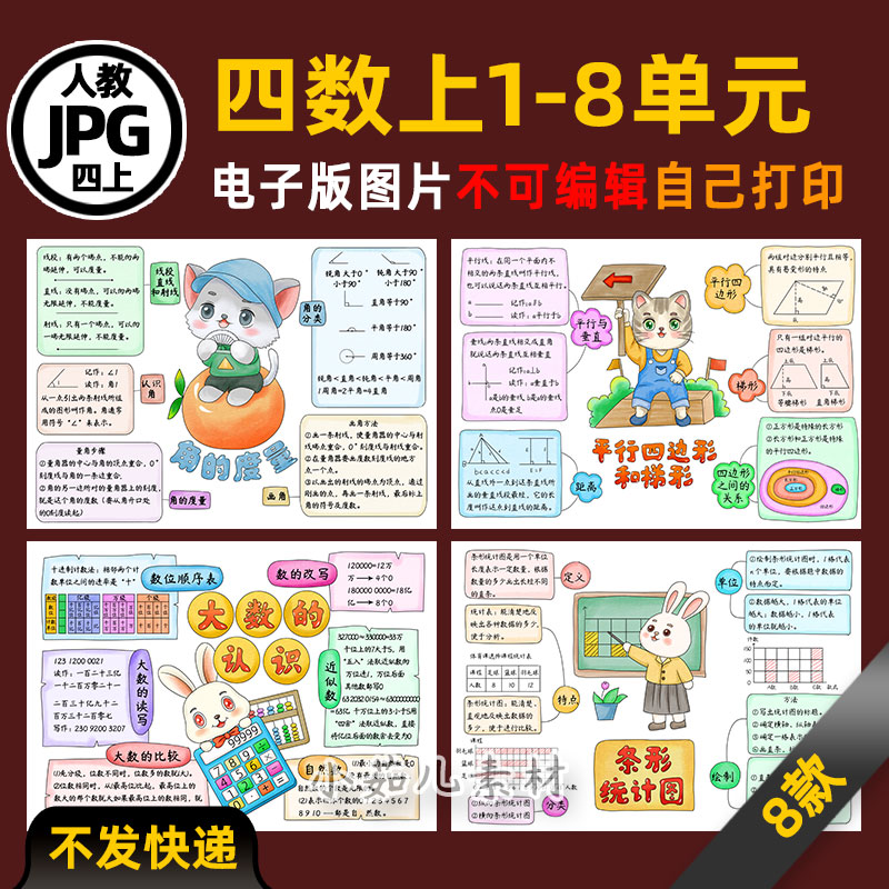 S6人教四年级数学上册1到8单元思维导图电子版线稿可打印设计素材