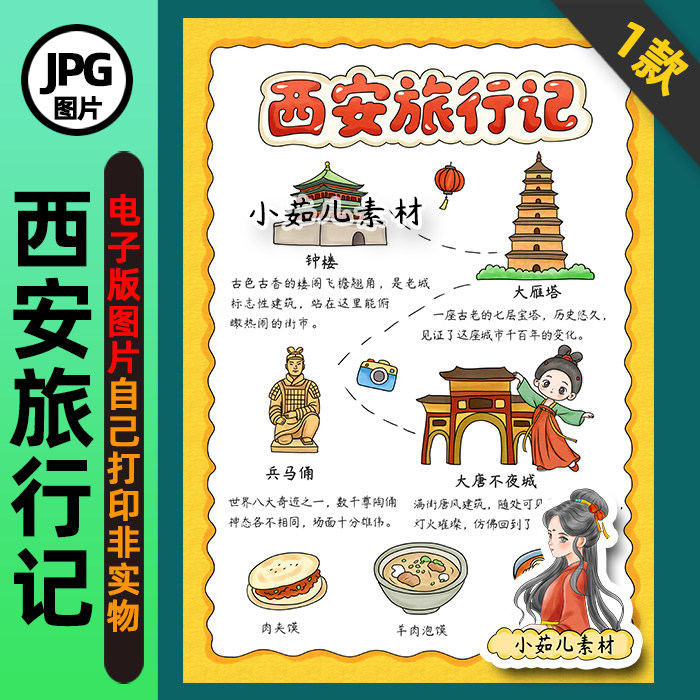 1423【电子版】西安旅行记手抄报线稿假期旅行路线图竖版