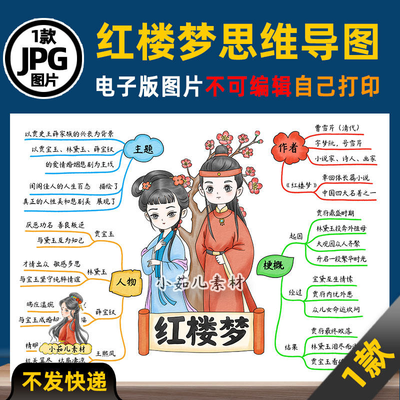 1257【电子版】红楼梦思维导图读书阅读可打印彩图线稿图片
