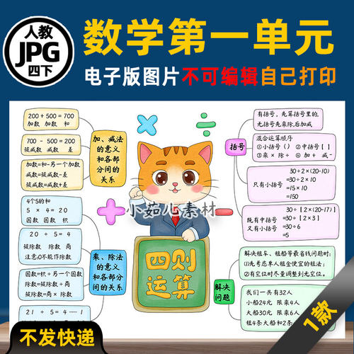 B897人教四年级数学下册第一单元四则运算思维导图线稿素材