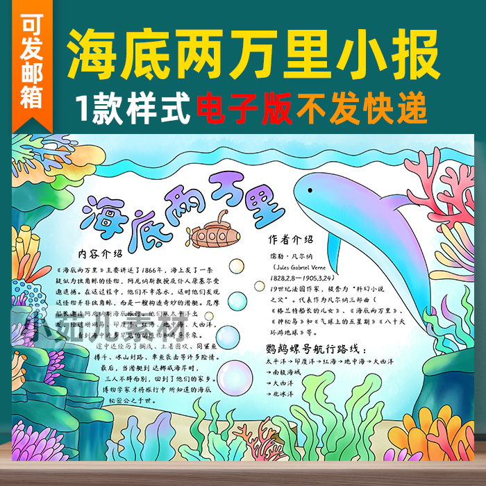 B276海底两万里手抄报电子模板 学生读后感好书推荐阅读黑白线稿