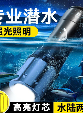 潜水手电筒充电水下专业照明强光防水超亮夜潜头灯赶海黄光探照灯