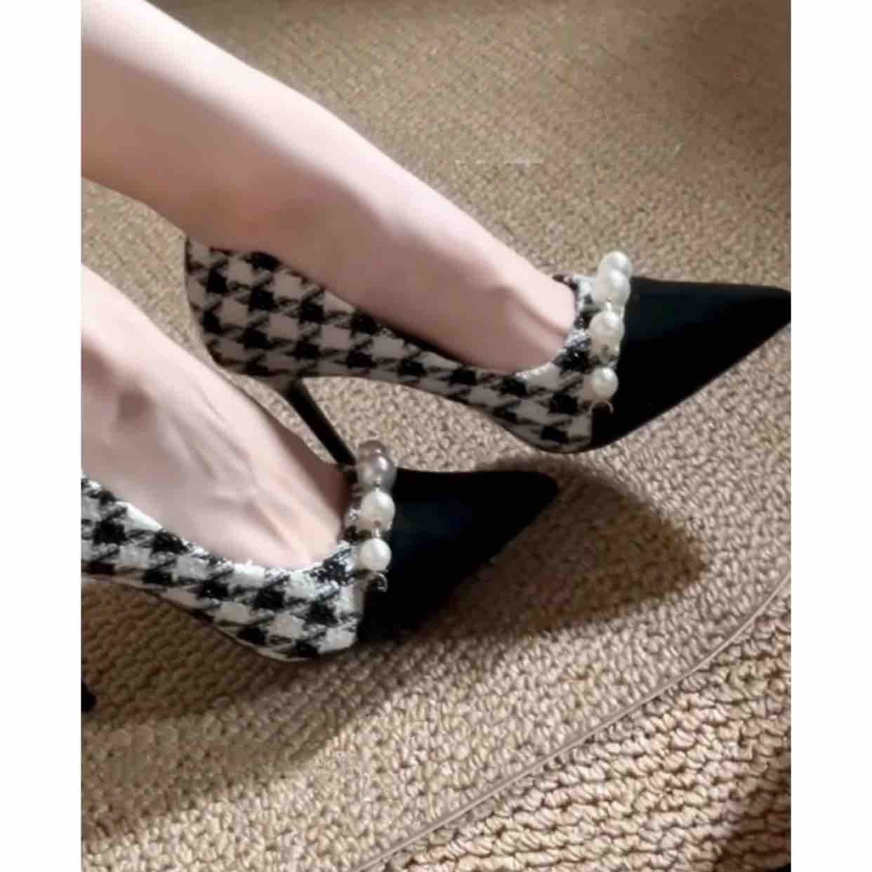 跟鞋小高跟鞋女2025春季新款鞋设计感女鞋小众千鸟格鞋子高跟单鞋