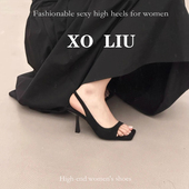 不累脚方头一字带露趾凉鞋 女 配裙子细跟百搭黑色高跟鞋 女夏季 法式