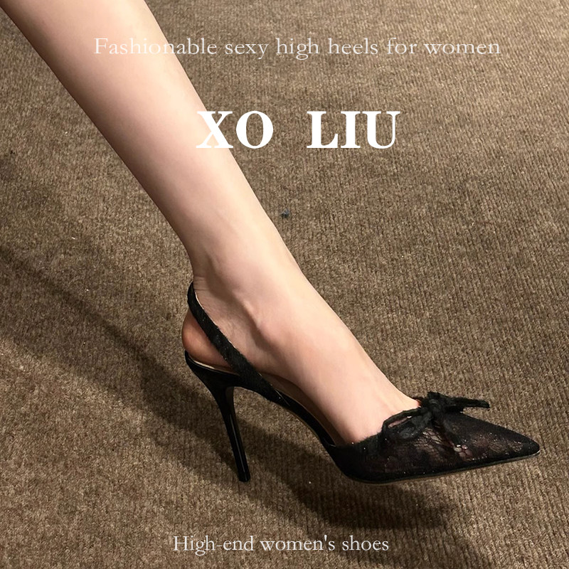 夏季新款性感黑色尖头高跟鞋女复古蕾丝蝴蝶结包头细跟豹纹凉鞋女