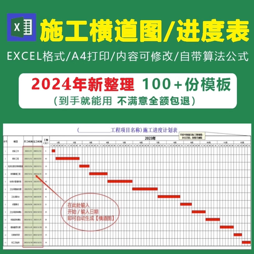 施工进度计划横道图自动生成软件Excel模板项目管理工程甘特图表