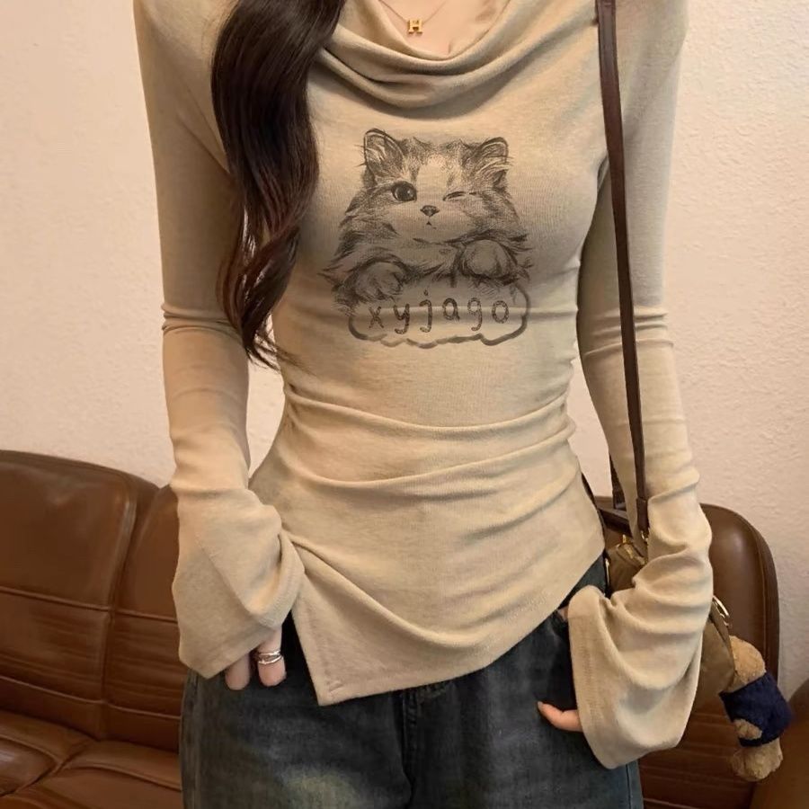 荡领长袖t恤上衣女款秋冬美式chic小猫印花修身不规则斜肩打底衫