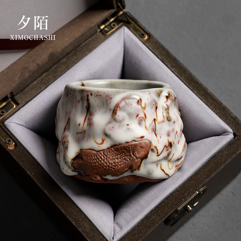 志野粗陶主人杯手工浮雕金龙鱼建盏茶杯创意年年有鱼柴烧单杯杯子