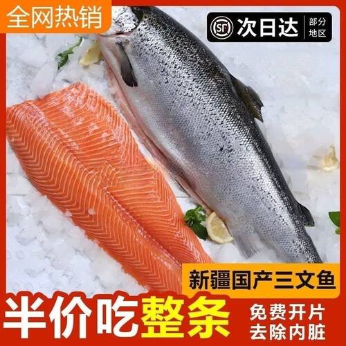 新疆国产三文鱼整条3-9斤去内脏冰鲜三文鱼刺身新鲜生鱼片日料