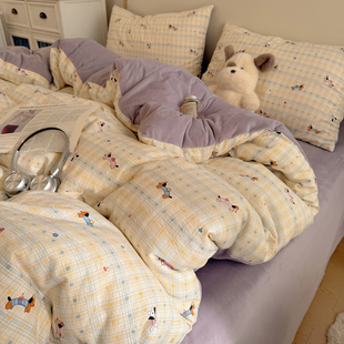 ins牛奶绒秋冬保暖加厚四件套家用AB版被套床单学生宿舍床上用品