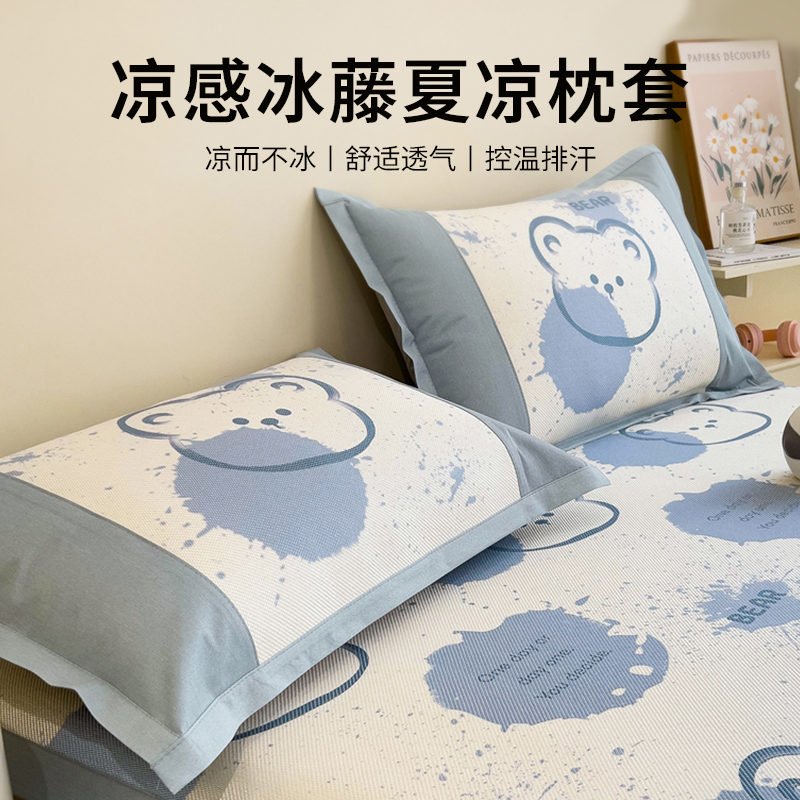 A类夏季冰丝枕套一对装冰藤夏凉卡通枕头套单人枕芯内胆套48*74cm