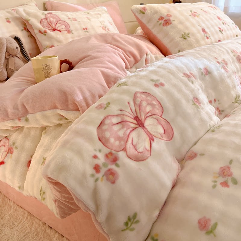 冬季加绒泡泡绒四件套床上用品双面牛奶绒加厚床单被套冬天床笠款