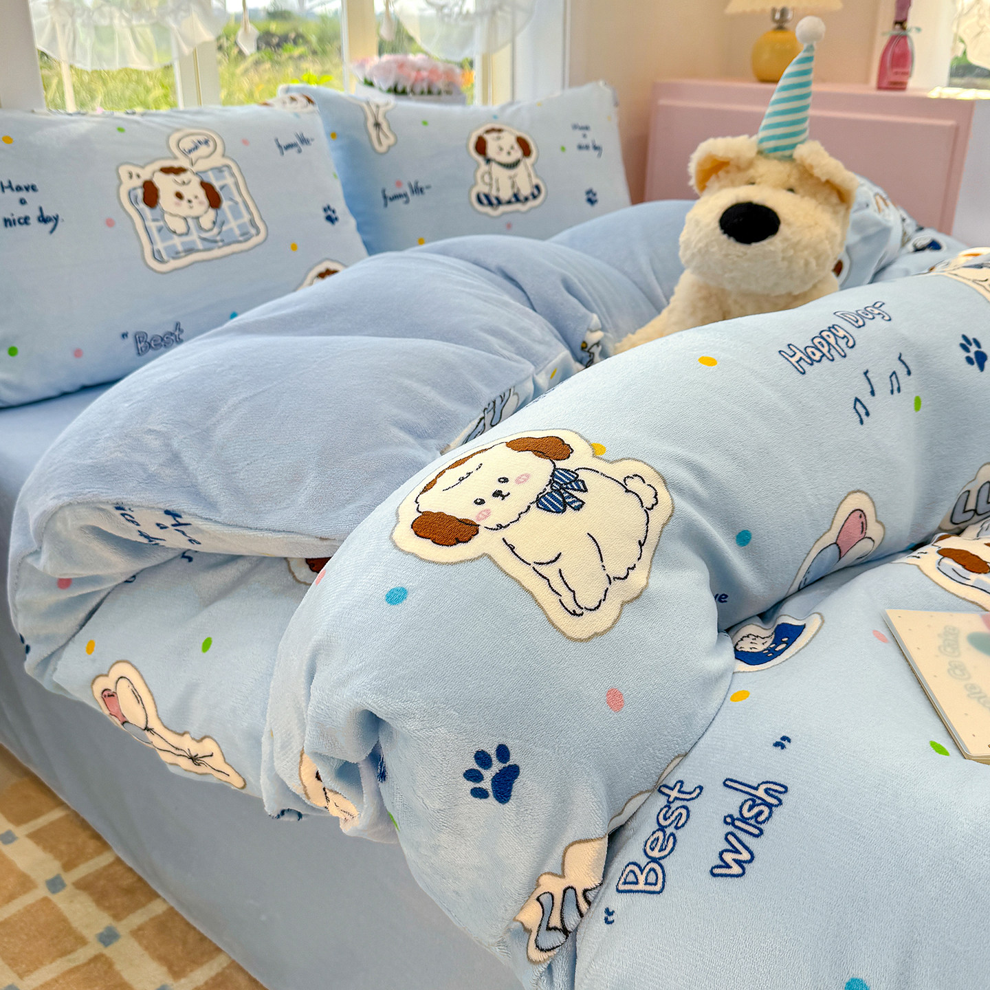 奶油风牛奶绒四件套家用双面绒床单被套枕套学生宿舍两件套可机洗