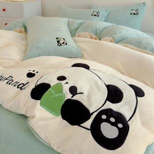 牛奶绒贴布绣床上四件套双面法兰绒加厚加绒被套床单三件套冬季