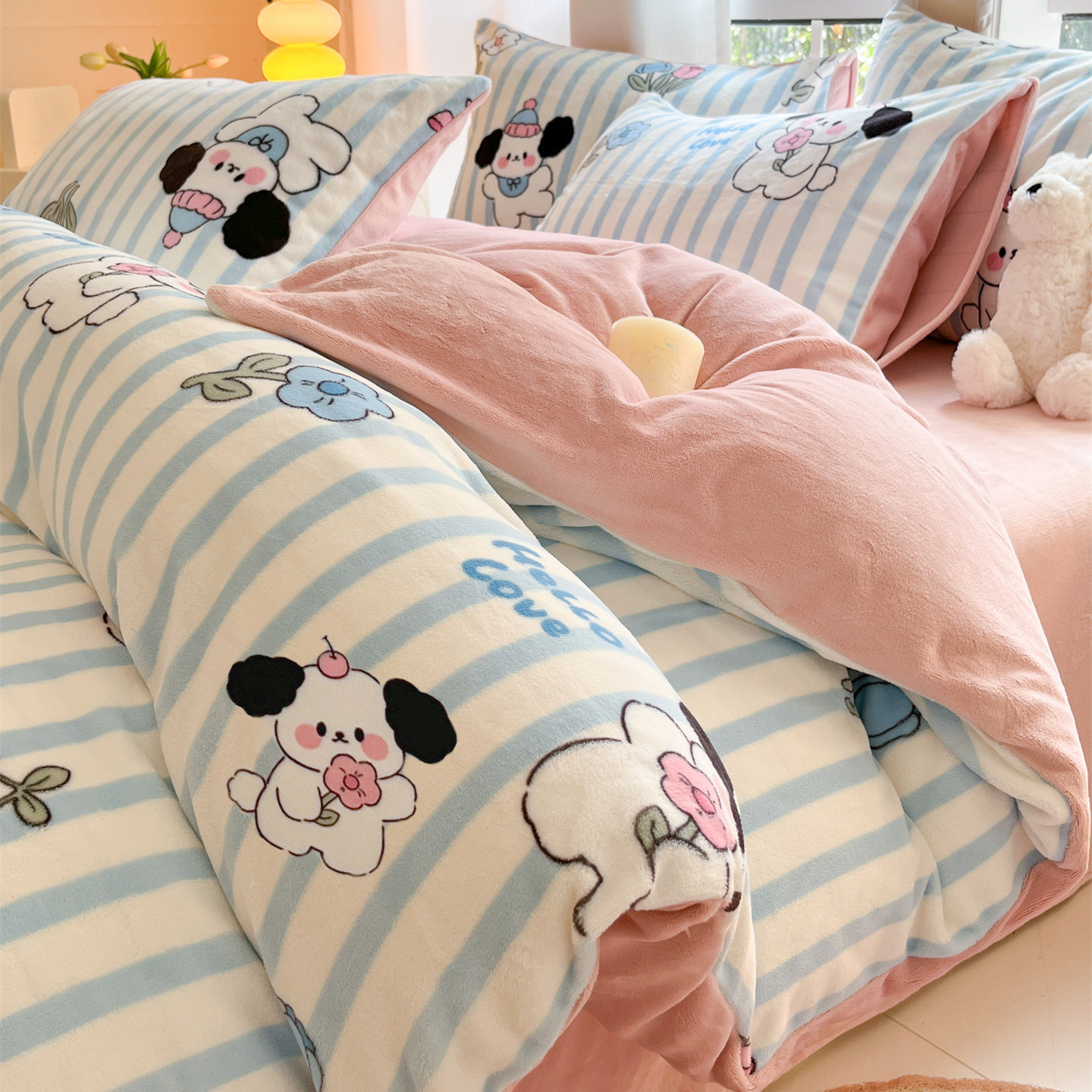 A类秋冬季加厚牛奶绒四件套卡通双面加绒被套床单宿舍套件可机洗
