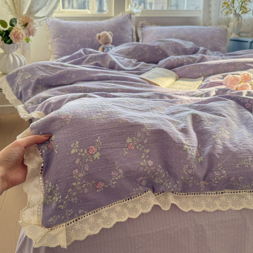 双层纱四件套全棉纯棉花边2025新