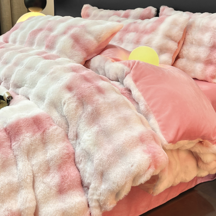 A类加厚兔毛绒四件套家用粉色渐