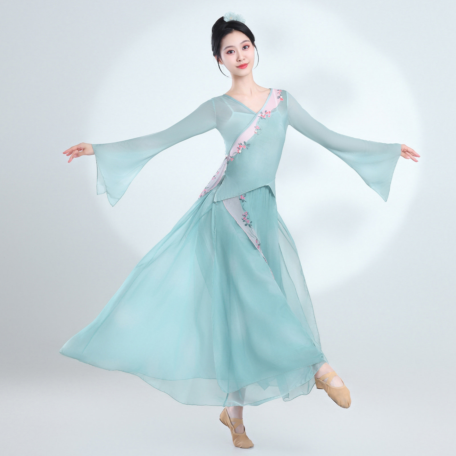 中国风古典舞蹈服女仙气飘逸花朵印花纱衣演出服舞台装中式表演服