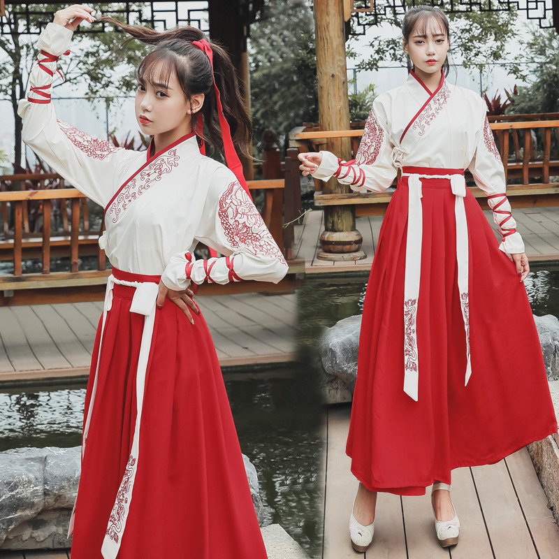 限时秒杀古装女改良汉服仙女中国风古装樱花学生超仙古风武侠风齐腰情侣装