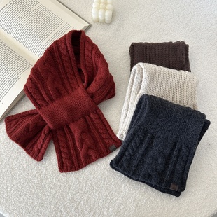 纯羊毛交叉围巾新款麻花单色叉口保暖围脖百搭复古高品质护颈披肩