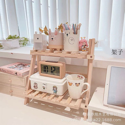 现货ins风木质桌面收纳架子双层