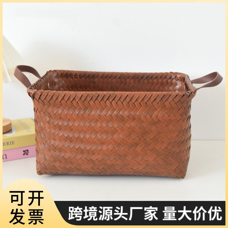 美式复古编织收纳筐仿藤把手
