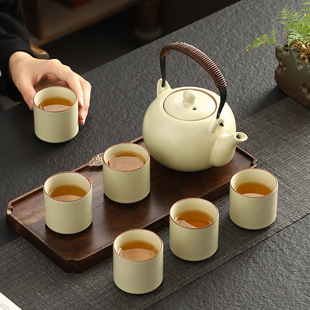送礼家用客厅办公室乔迁陶瓷茶壶茶 日本品质米黄汝窑功夫茶具套装