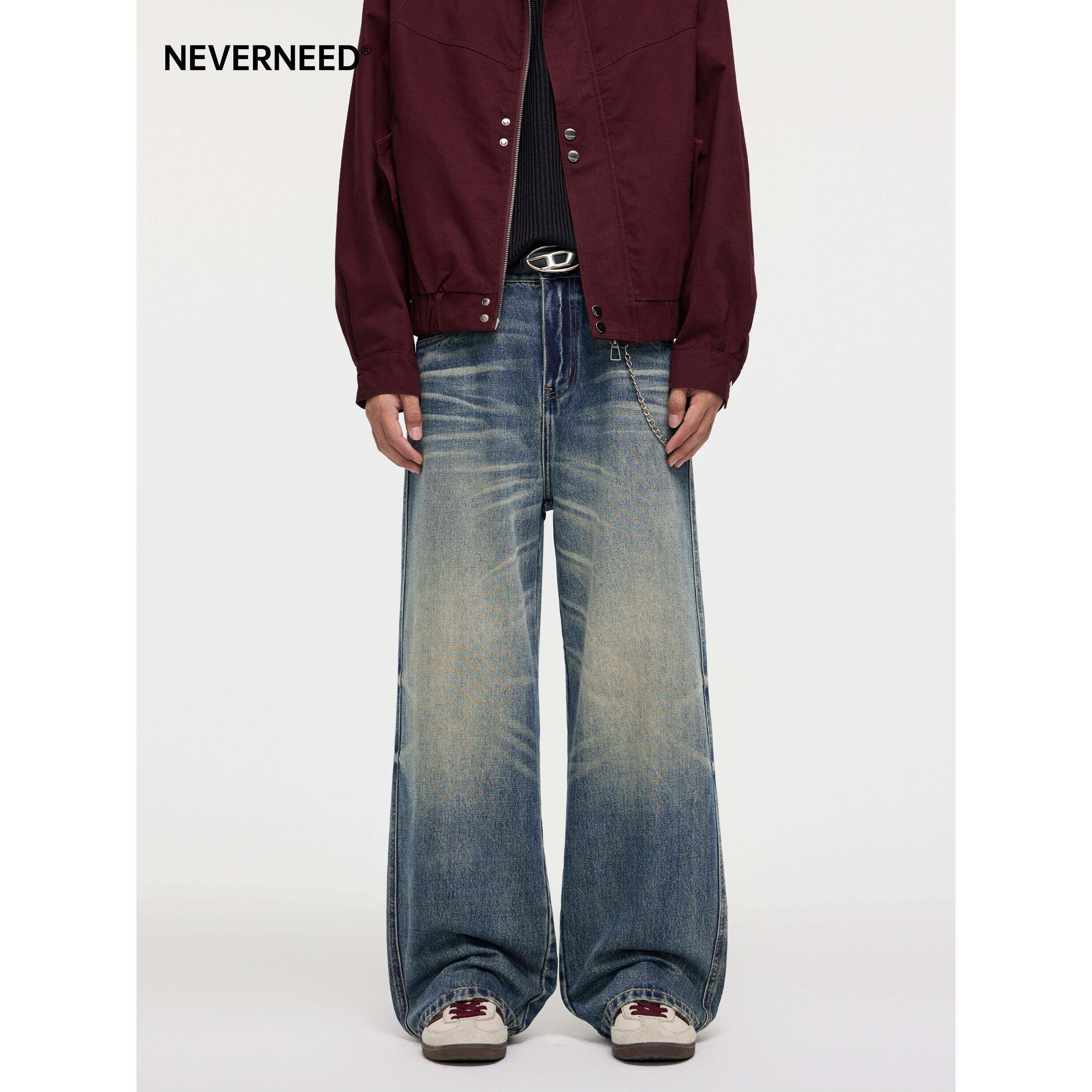 NEVERNEED美式高街立体猫须牛仔裤男女秋季水洗做旧战斗牛王A字裤