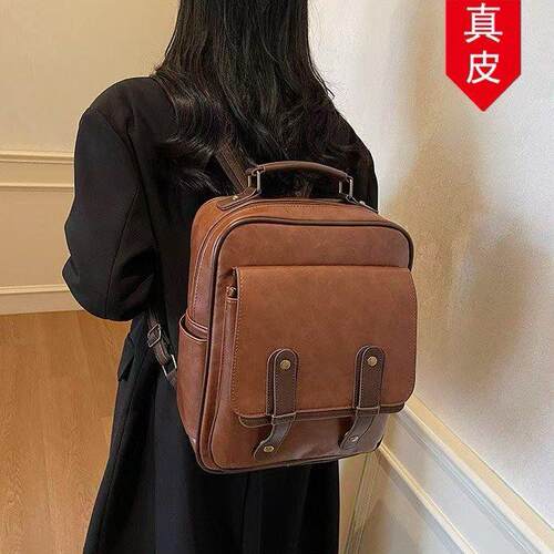 大学生皮质书包复古韩版电脑包双肩包包背包新款大容量真2026百搭