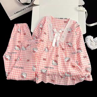 HelloKitty春秋女童睡衣云朵棉卡通长袖花边中大童薄款家居服套装
