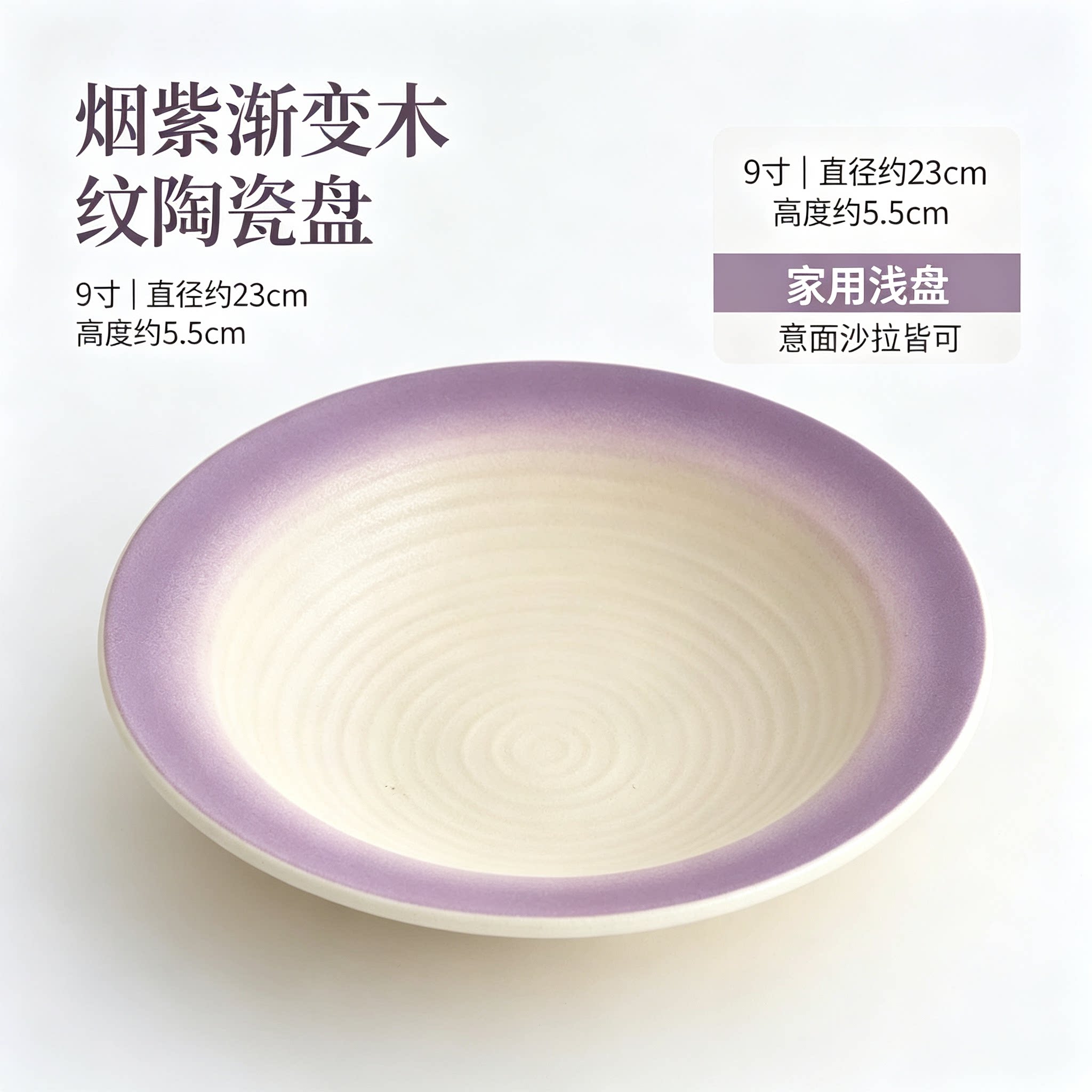 2026新款9寸烟紫渐变紫陶瓷草帽盘立体螺纹盘意面盘氛围感饭碗子
