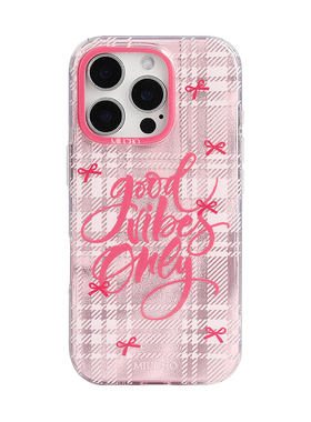 MIUCHO 银白粉格子字母手机壳幻影纹蝴蝶结ins风少女 原创意设计小众涂鸦适用13苹果16iPhone15ProMax14Pro