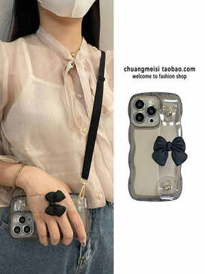 少女黑蝴蝶结腕带适用iPhone15手机壳14promax斜挎苹果13新11款14pro创意13promax网红13pro软12女款15promax