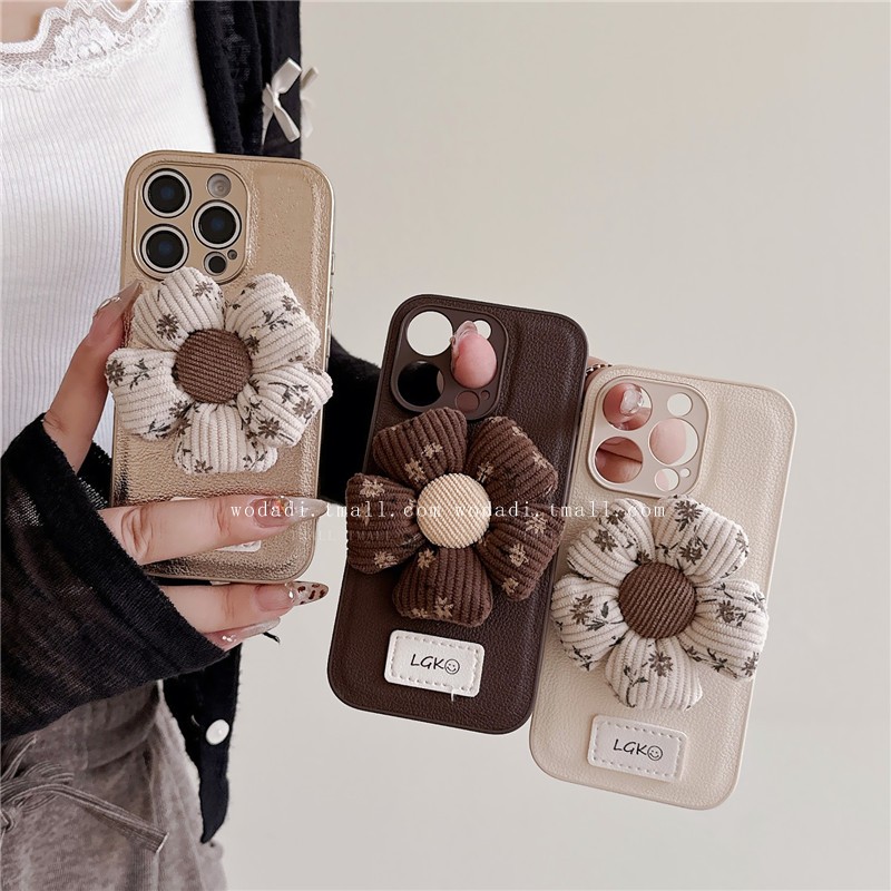 秋冬款绒布花朵14适用iphone16promax苹果15手机壳13荔枝纹promax皮纹14Pro皮质11全包plus创意12保护套xsmax