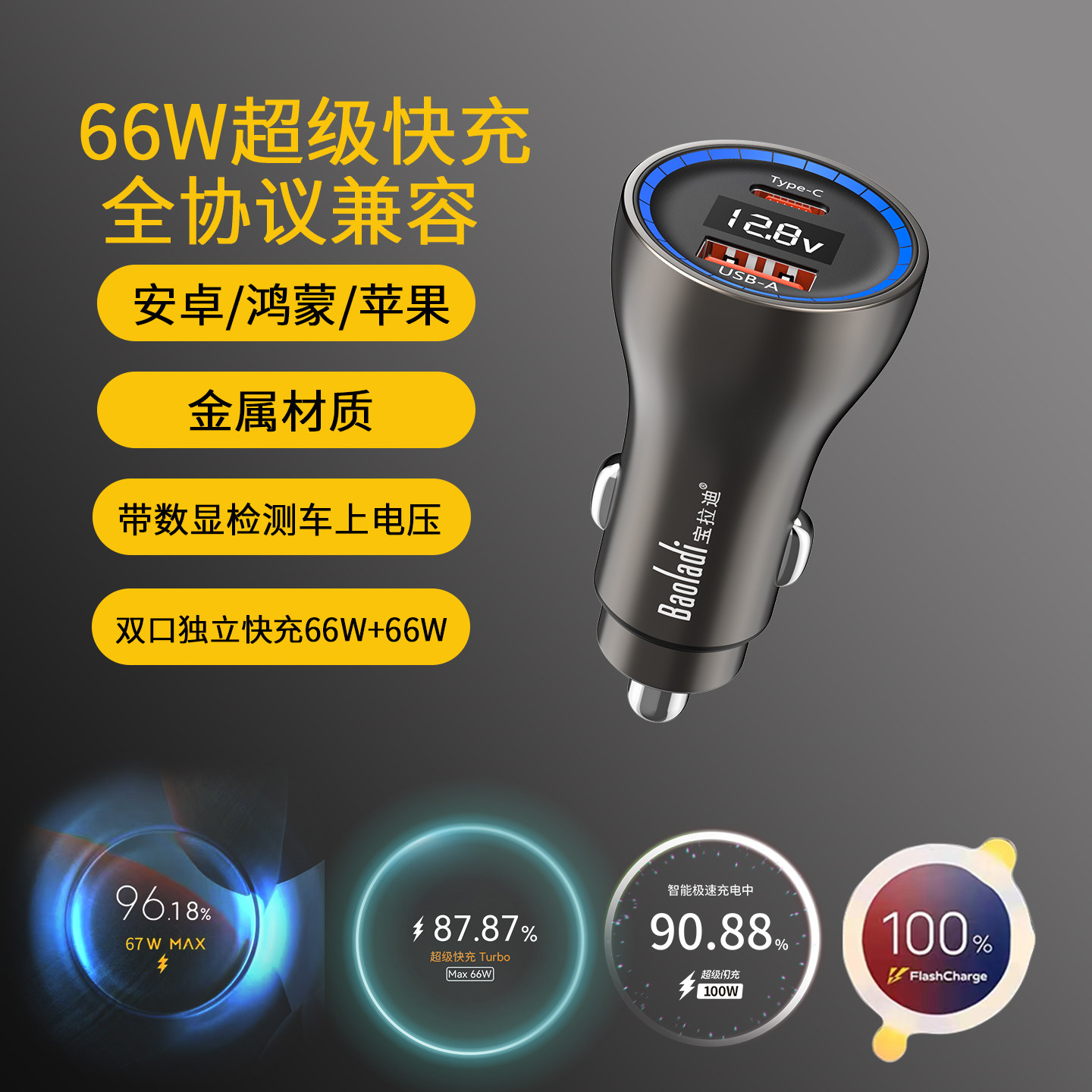 66W车载充电器适用华为/荣耀超级快充车充头适用OPPO真我一加闪充