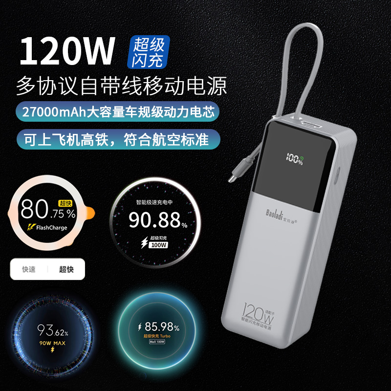 宝拉迪120W充电宝适用VIVO华为小米红米OPPO真我一加IQOO荣耀超级闪充移动电源100W超级快充90W快充88W/67W