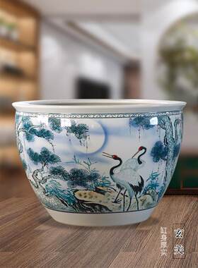 景德镇手绘松河延年陶瓷大鱼缸客厅书画缸庭院龟莲花盆景